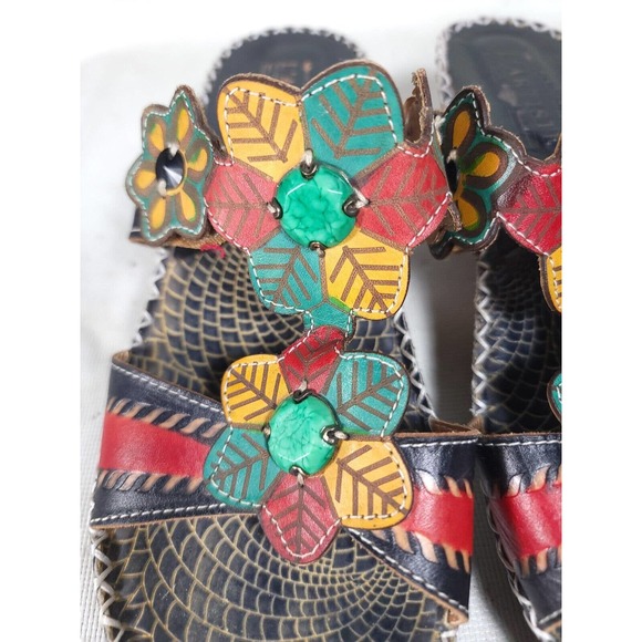 Spring Step L'Artiste Leather Wedge Sandals Vergie Red Floral Colorful-Size 40 - Picture 5 of 9